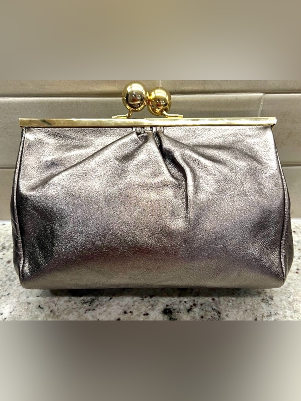 Furla Vintage Metallic Pewter Clutch with Gold Kiss-Lock, Italian Calf Leather